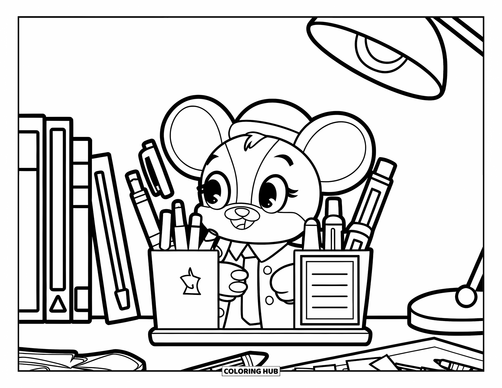 School Supplies Coloring Page for Kids: A cute mouse desk buddy holds pens and notes beside books and a lamp