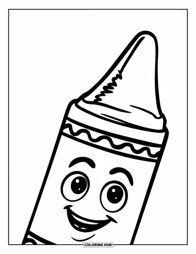 Dibujo de útiles escolares para colorear para niños: Un crayón simpático con cara sonriente solo en la página