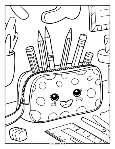 Dibujo de útiles escolares para colorear para niños: Un estuche gigante con cremallera grande, lápices, borradores, regla y garabatos detrás