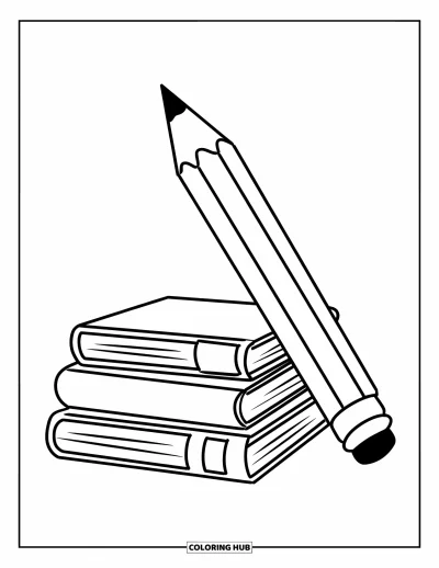 Dibujo de útiles escolares para colorear para niños: Un lápiz gigante apoyado en tres libros apilados con un ambiente simpático