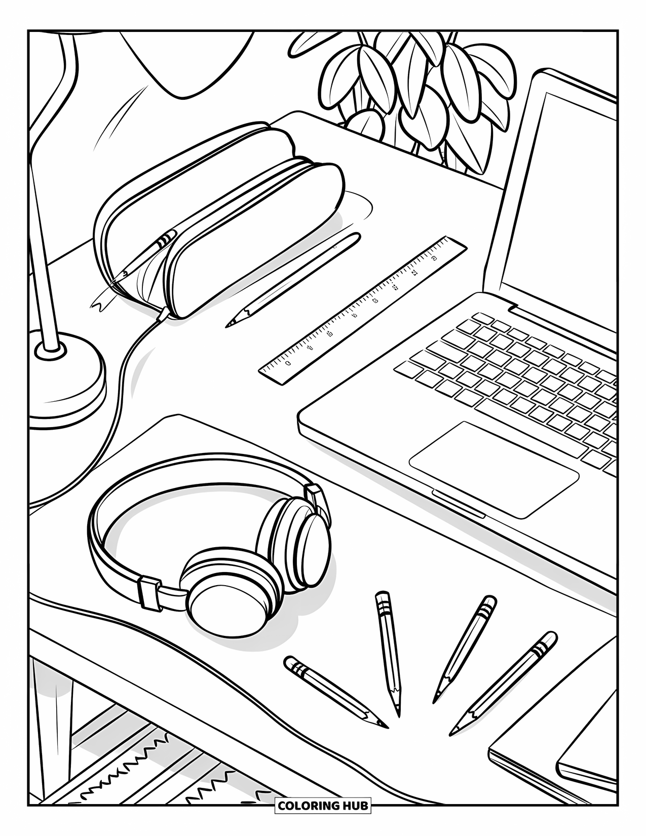 School Supplies Coloring Page for Kids: A neat study desk with laptop, headphones, pencils, ruler, notebook, and a nearby lamp