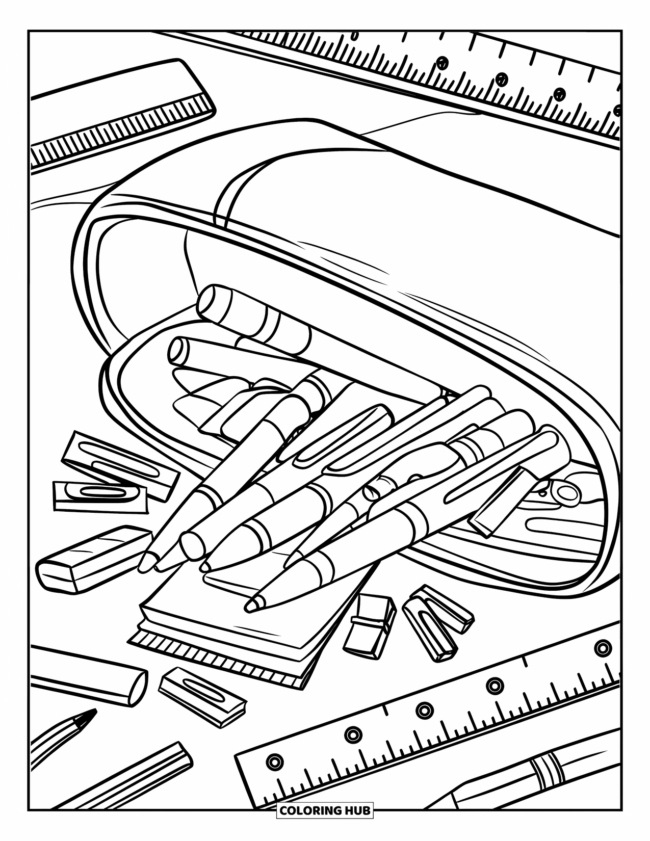 School Supplies Coloring Page for Kids: A pencil case on a table spills pens, sticky notes, and clips everywhere