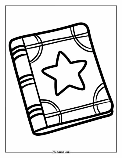 Dibujo de útiles escolares para colorear para niños: Un cuaderno animado con una gran estrella en la portada que invita a la creatividad