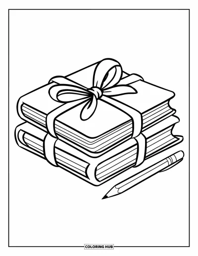 Dibujo de útiles escolares para colorear para niños: Una pila de libros en pirámide atados con un lazo junto a un lápiz