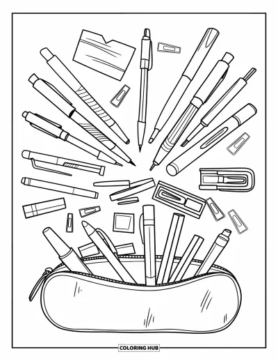 Dibujo de útiles escolares para colorear para niños: Un estuche redondo derrama distintos bolígrafos, notas adhesivas y clips alrededor