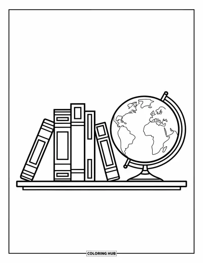 Dibujo de útiles escolares para colorear para niños: Una fila de libros junto a un globo terráqueo que muestra los continentes en un estante