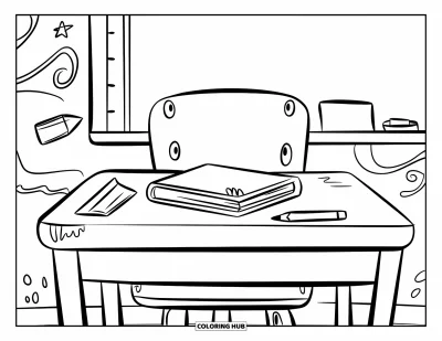 Dibujo de útiles escolares para colorear para niños: Un pupitre escolar con un libro bonito, lápiz, regla y una pizarra con garabatos detrás