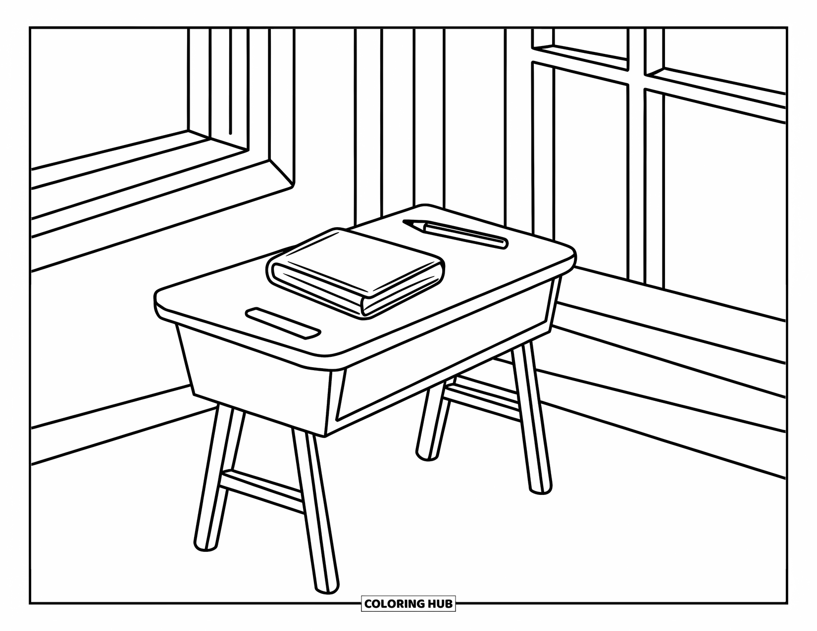 School Supplies Coloring Page for Kids: A school desk with a cute book, pencil, and window view behind