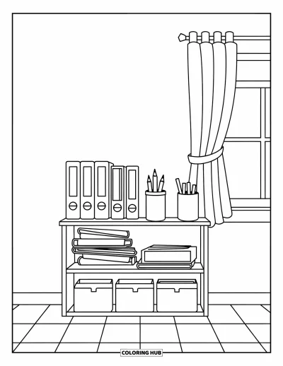 Dibujo de útiles escolares para colorear para niños: Un estante con carpetas, cuadernos y un bote de lápices junto a una ventana