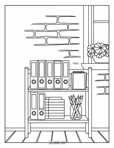 Dibujo de útiles escolares para colorear para niños: Un estante con carpetas, cuadernos, un bote de lápices y una maceta con flor en una pared de ladrillo