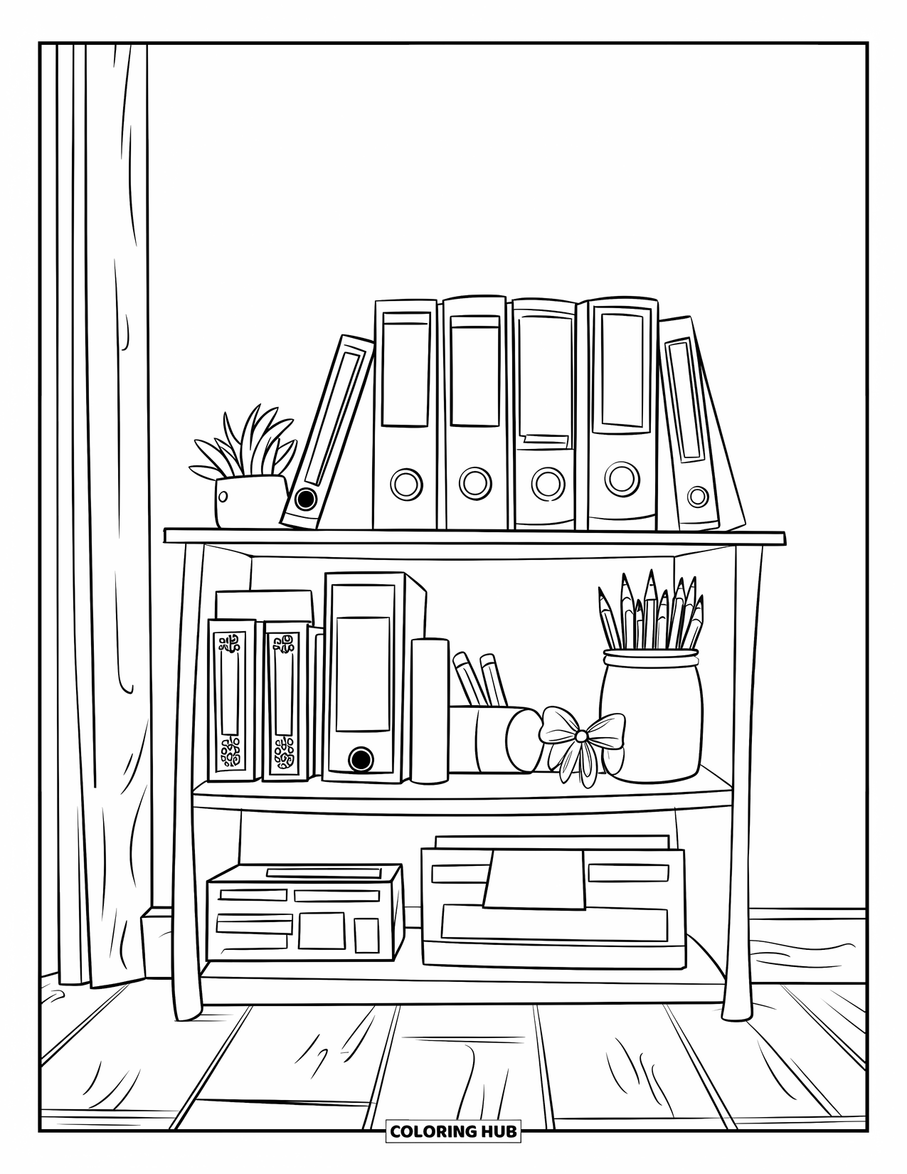 School Supplies Coloring Page for Kids: A shelf with binders, notebooks, pencils, and a small plant with decorations