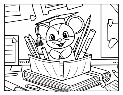 Dibujo de útiles escolares para colorear para niños: Un pequeño ratón con birrete de graduación sentado sobre un libro con bolígrafos y notas esparcidas