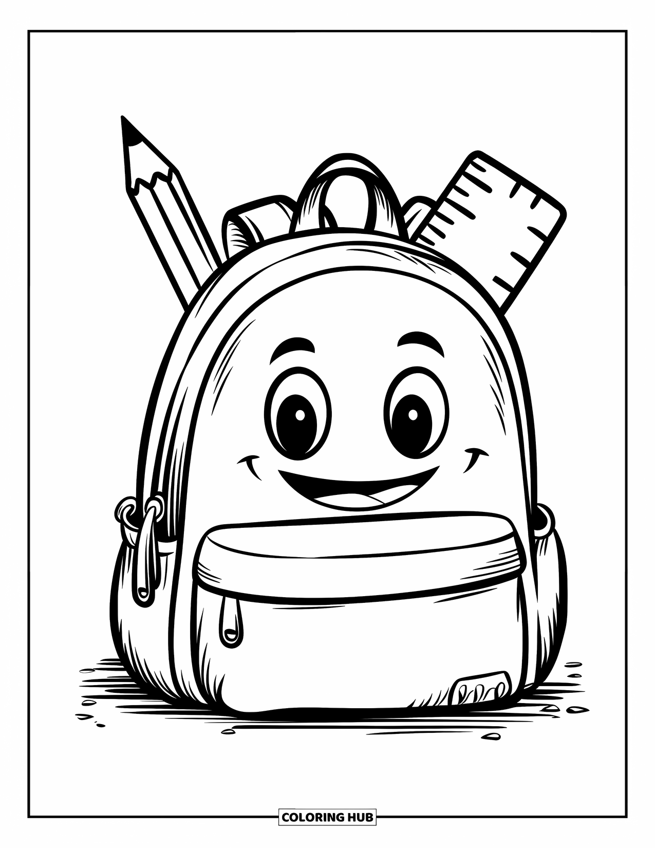 School Supplies Coloring Page for Kids: A smiling backpack with pencil and ruler peeking out rests on the ground