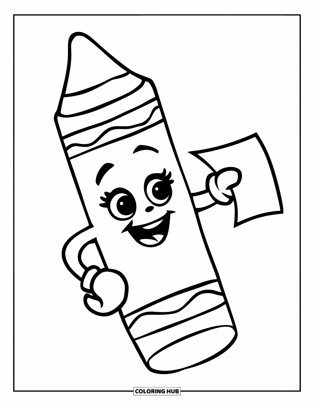 School Supplies Coloring Page for Kids: A smiling crayon holds a paper, ready for a cheerful drawing