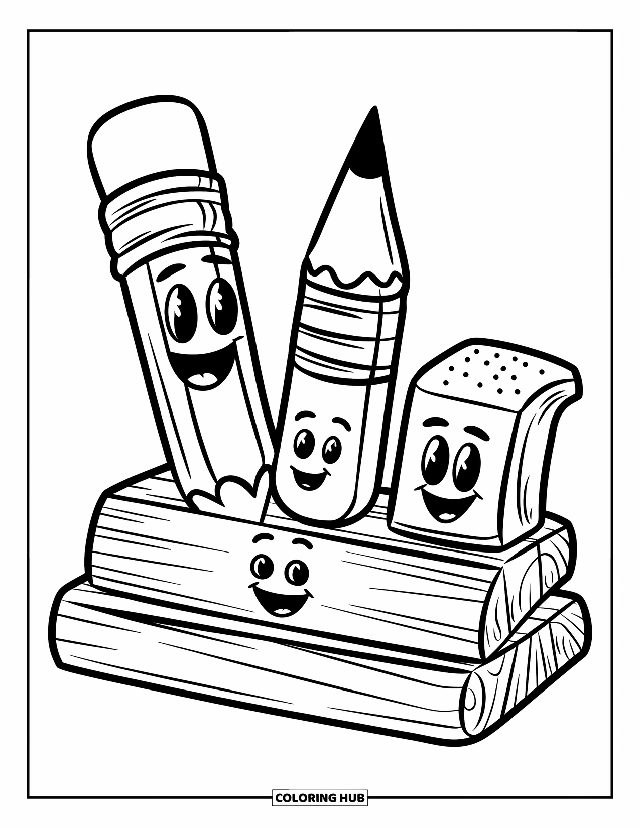 School Supplies Coloring Page for Kids: A smiling pencil, eraser, and sharpener sit together on a cheerful wooden stand