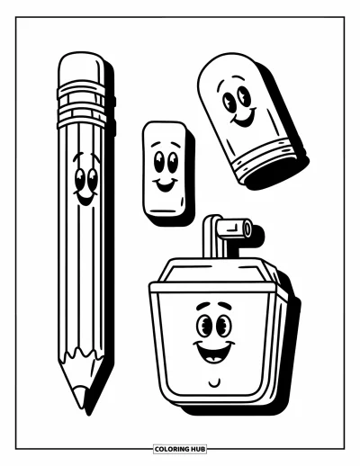 Dibujo de útiles escolares para colorear para niños: Un lápiz, un borrador y un sacapuntas sonrientes juntos y bien ordenados