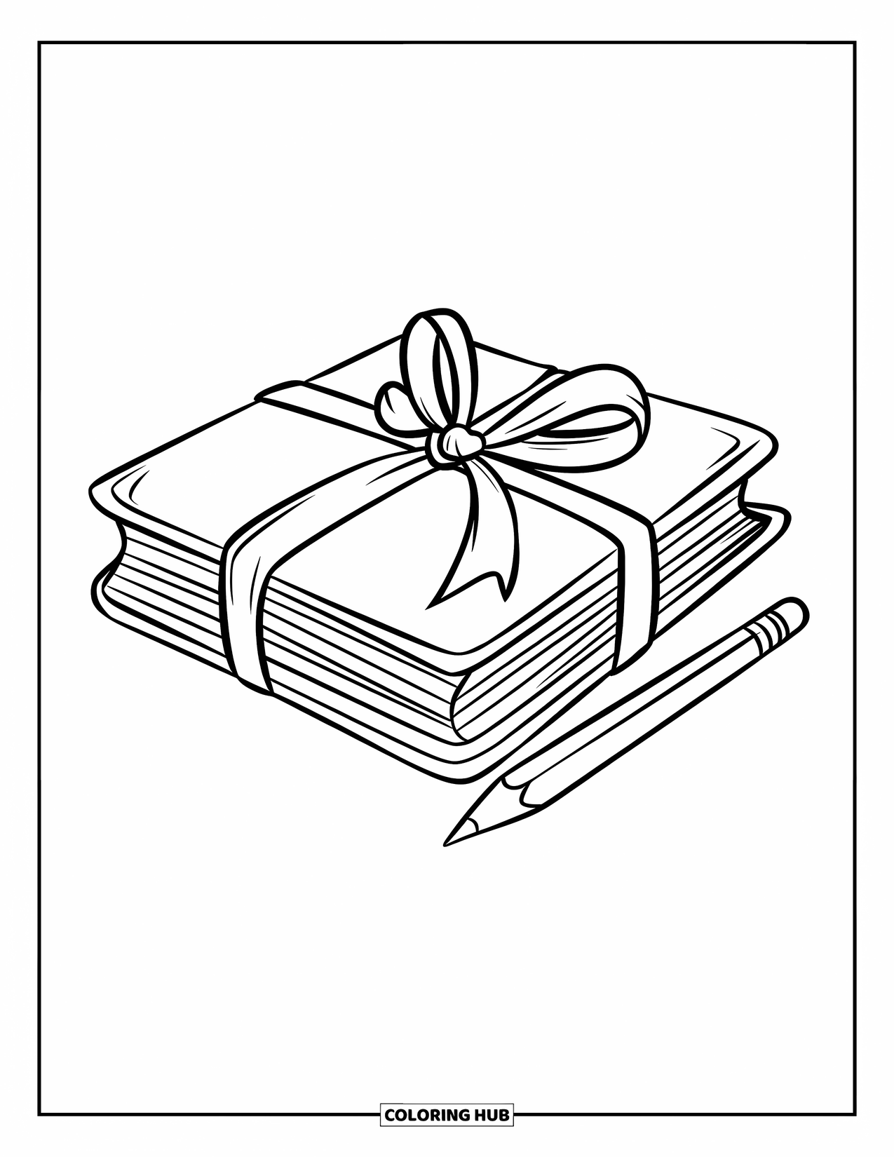 School Supplies Coloring Page for Kids: A stack of books tied with a ribbon sits beside a sharp pencil