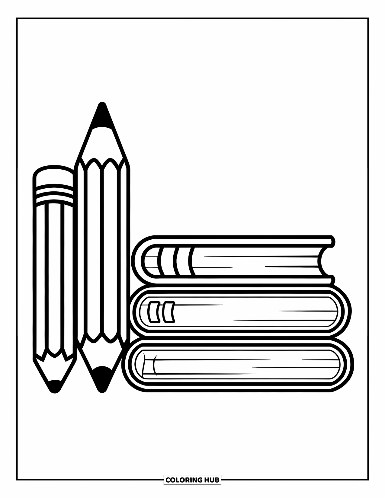 School Supplies Coloring Page for Kids: A stack of three books sits beside a giant cheerful pencil