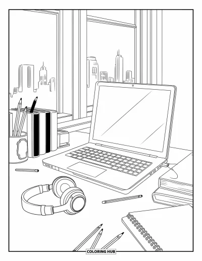 Dibujo de útiles escolares para colorear para niños: Un escritorio de estudio con laptop, auriculares, libros, lápices esparcidos y vista a la ciudad