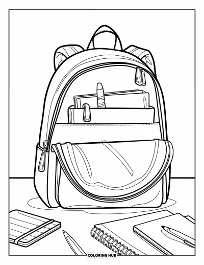 Dibujo de útiles escolares para colorear para niños: Una mochila elegante sobre una mesa con cuadernos y papelería ordenada alrededor