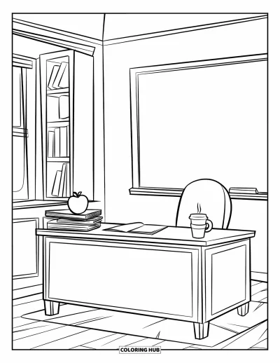 Dibujo de útiles escolares para colorear para niños: El escritorio de una maestra con manzana, papeles, taza de café, estantería, ventana y pizarra