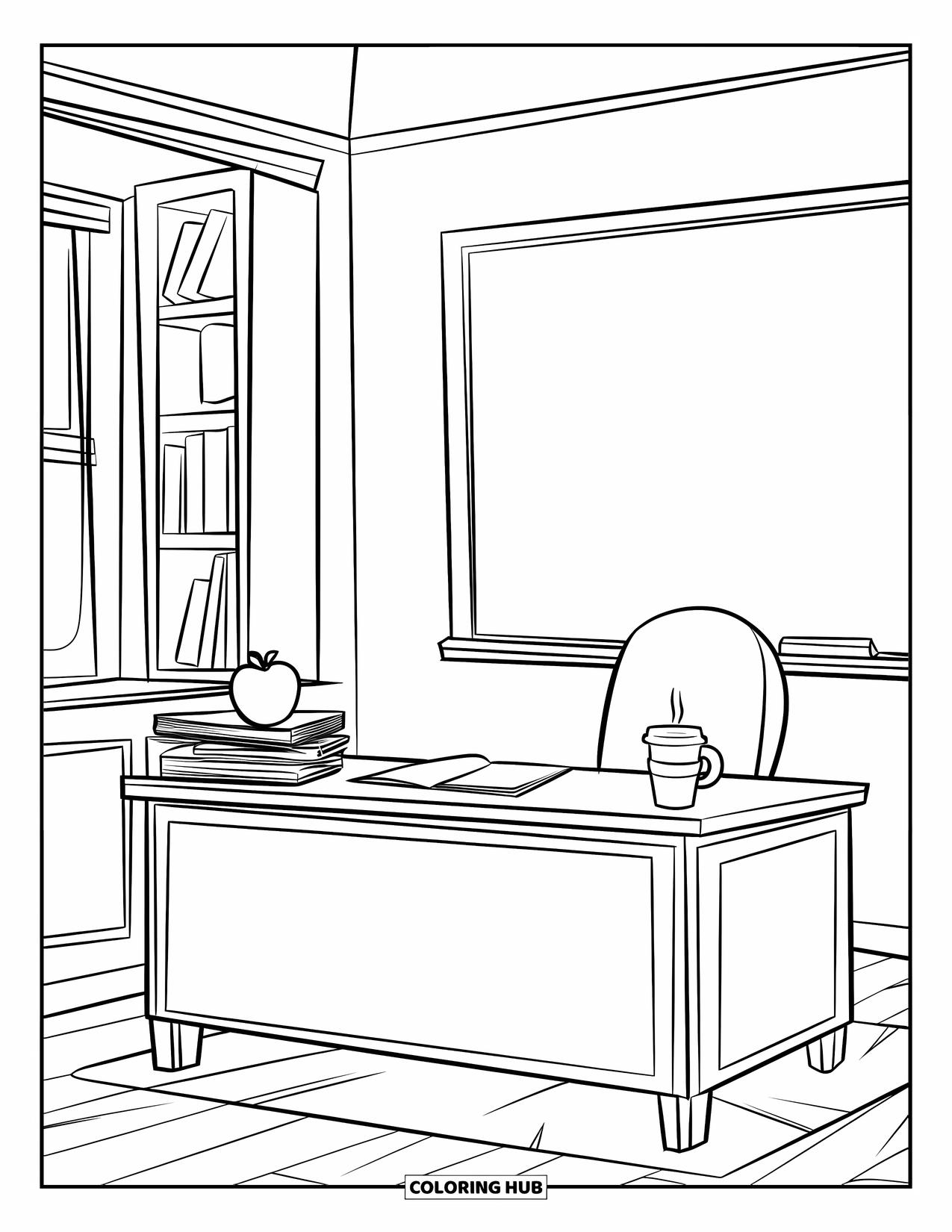 School Supplies Coloring Page for Kids: A teacher's desk holds an apple, papers, coffee cup, bookshelf, window, and chalkboard