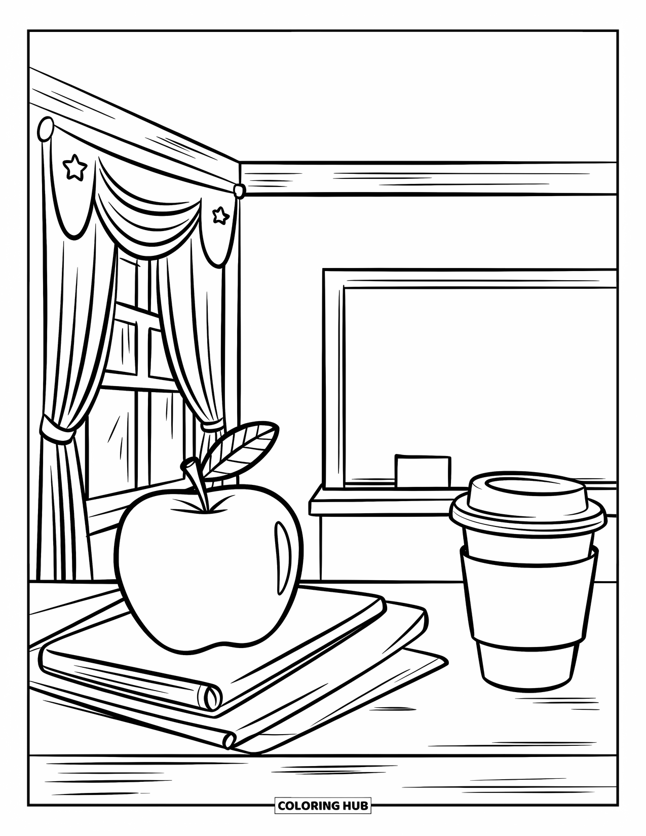 School Supplies Coloring Page for Kids: A teacher's desk with an apple, stack of papers, coffee cup, chalkboard, window, and flag