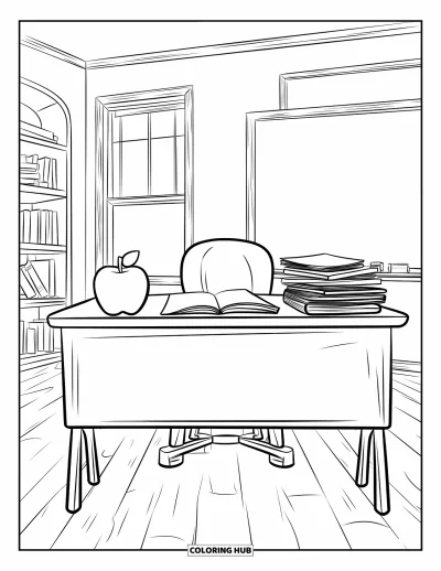 Dibujo de útiles escolares para colorear para niños: El escritorio de una maestra con manzana, papeles, café, estanterías, ventana, pizarra y suelo de madera
