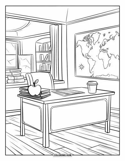 Dibujo de útiles escolares para colorear para niños: El escritorio de una maestra con manzana, papeles, café, mapamundi, estanterías, ventana y pizarra