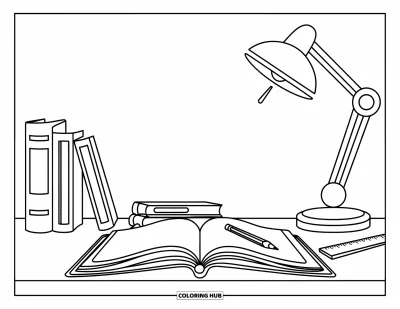 Dibujo de útiles escolares para colorear para niños: Un escritorio ordenado con un cuaderno abierto, lápices, regla, libros y una lámpara