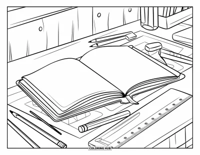 Dibujo de útiles escolares para colorear para niños: Un escritorio ordenado con cuaderno abierto, lápices, regla y borrador sobre una alfombra