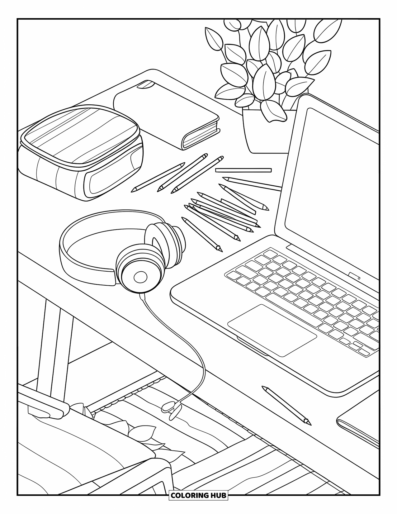 School Supplies Coloring Page for Kids: A tidy desk with headphones, laptop, pencils, a book, and a potted plant
