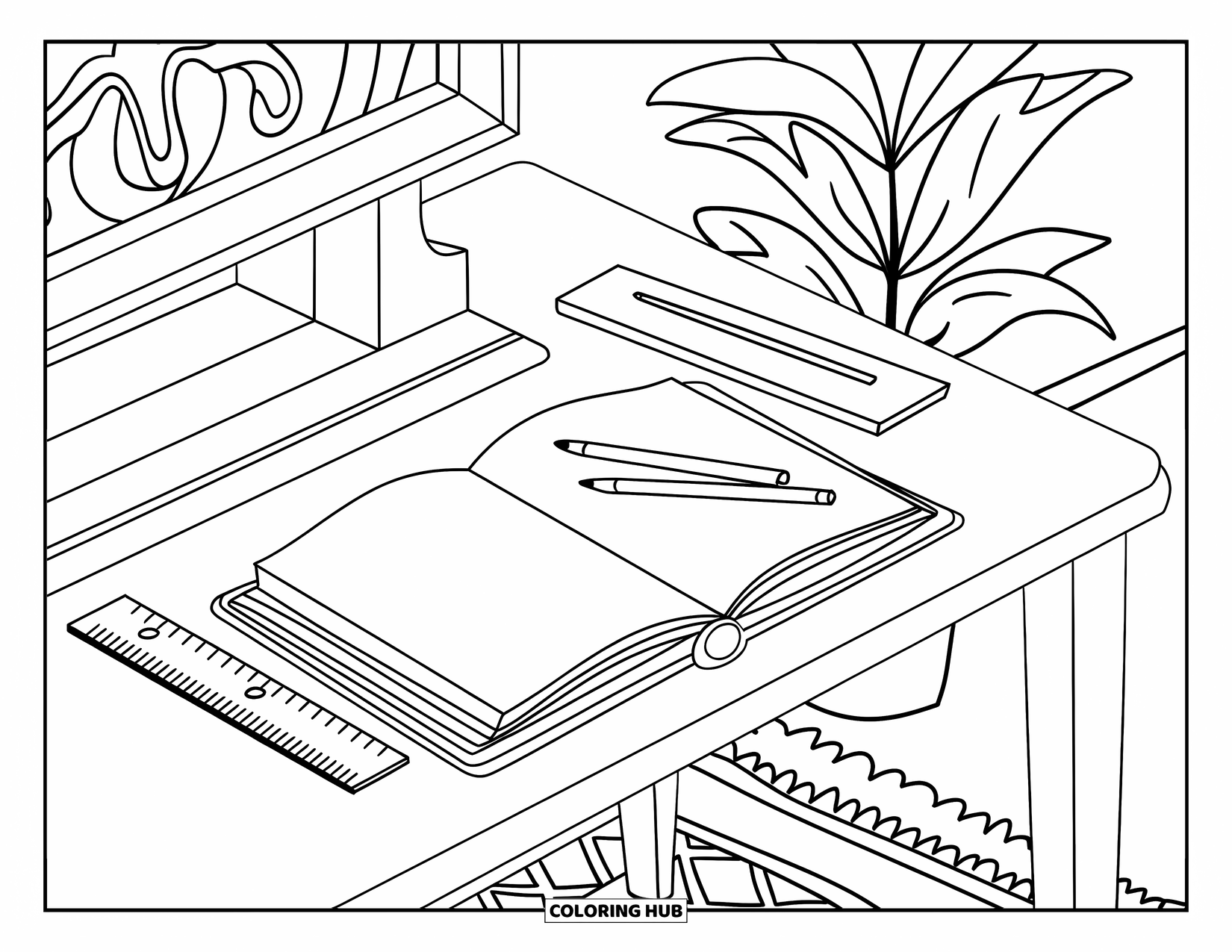 School Supplies Coloring Page for Kids: A tidy desk with open notebook, pencils, ruler, plant, and a framed wall