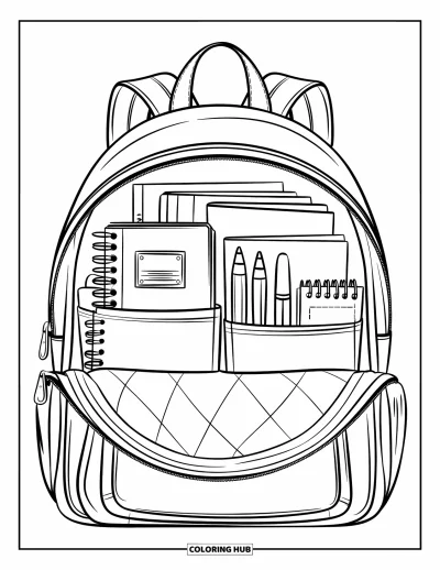 Dibujo de útiles escolares para colorear para niños: Una mochila abierta con cuadernos bien ordenados, bolígrafos y una regla dentro