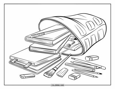 Dibujo de útiles escolares para colorear para niños: Una mochila abierta derrama libros, lápices, borradores y un pincel en el suelo