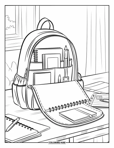 Dibujo de útiles escolares para colorear para niños: Una mochila abierta con cuadernos y papelería sobre una mesa en una habitación acogedora