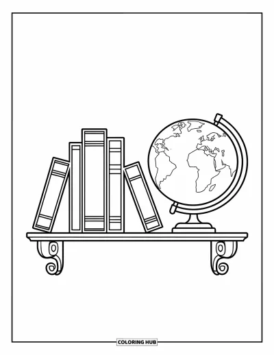 Dibujo de útiles escolares para colorear para niños: Libros y un globo terráqueo en un estante de madera curvo con una pequeña lámpara