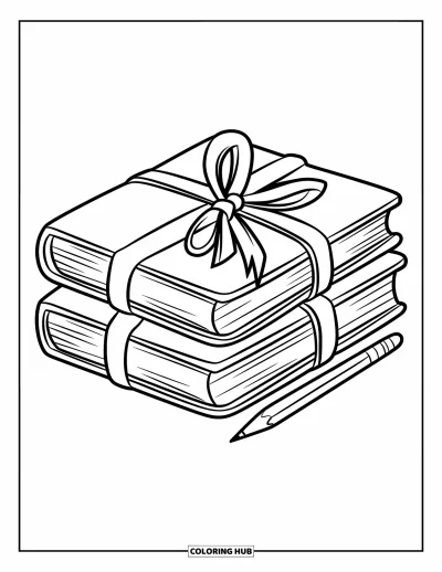 Dibujo de útiles escolares para colorear para niños: Libros atados con una cinta colocados junto a un lápiz bien afilado