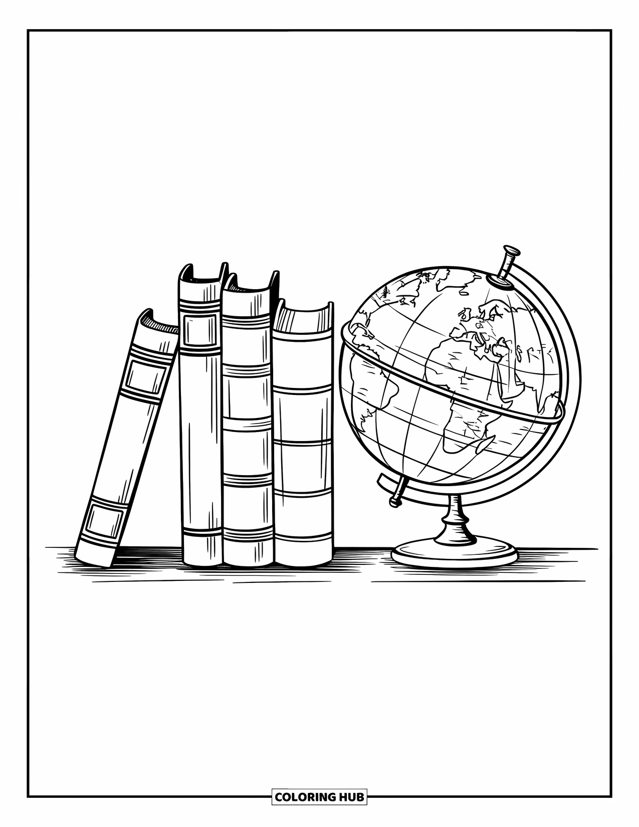 School Supplies Coloring Page for Kids: Books with text spines stand by a detailed globe on a wooden base shelf