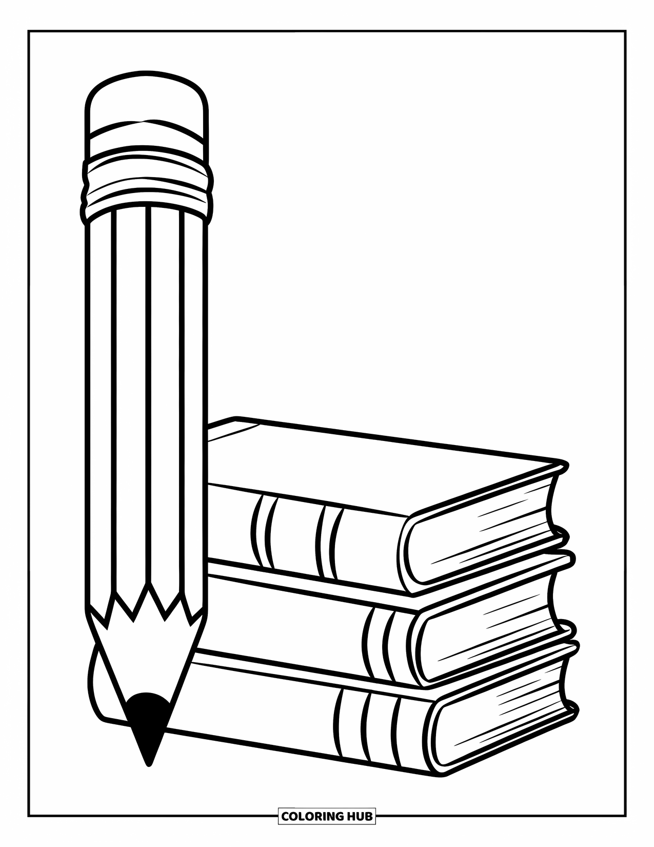 School Supplies Coloring Page for Kids: Three books stacked next to a giant pencil ready for fun