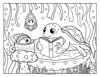 Coloriage d'animaux marins pour adultes : Un coin douillet avec une tortue qui lit, un poisson qui sommeille et un poisson-lanterne lumineux