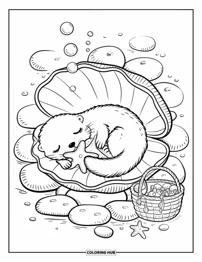 Coloriage d'animaux marins pour adultes : Une loutre de mer câline un jouet étoile de mer sur une coquille de palourde avec des bulles qui montent