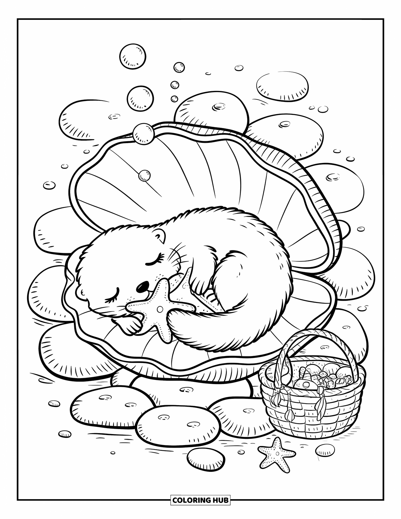 Meerestier-Ausmalbild für Erwachsene: Ein gemütlicher Seeotter kuschelt ein Seestern-Plüschtier auf einer Muschelschale mit aufsteigenden Blasen
