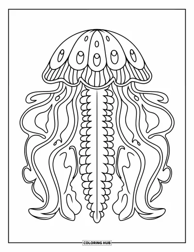 Coloriage d'animaux marins pour adultes : Une méduse-mandala détaillée avec des formes fluides et des motifs au centre de l'image