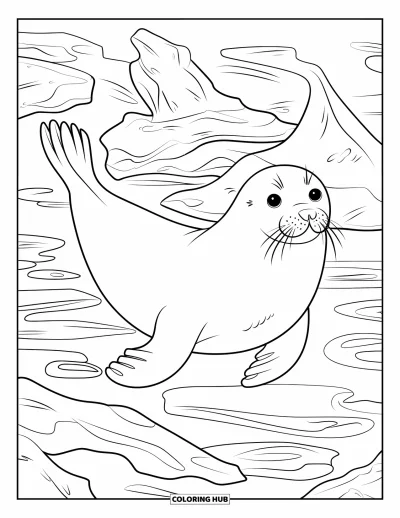 Coloriage d'animaux marins pour adultes : Un phoque de Groenland nage devant des structures glacées et des formes d'eau tourbillonnantes