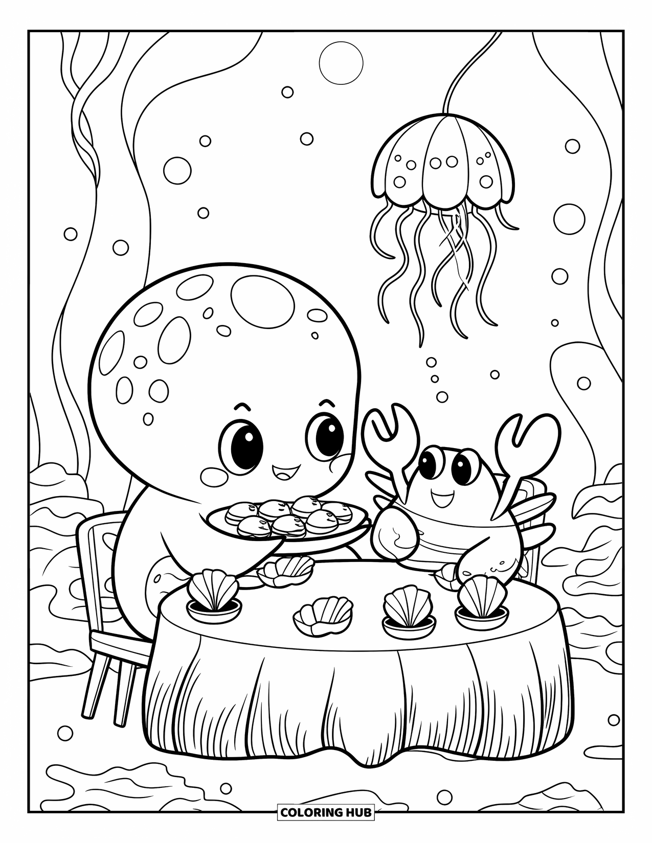 Meerestier-Ausmalbild für Erwachsene: Ein Kawaii-Tintenfisch serviert einem Krabbe-Gast Knödel unter einer Quallen-Laterne
