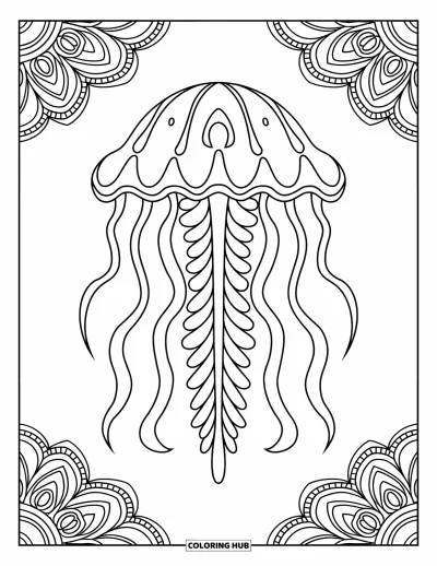 Coloriage d'animaux marins pour adultes : Une méduse-mandala avec des formes fluides et des tentacules symétriques au centre de la composition