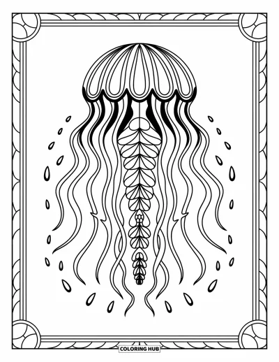 Coloriage d'animaux marins pour adultes : Une méduse-mandala aux tentacules symétriques au centre avec une bordure décorative