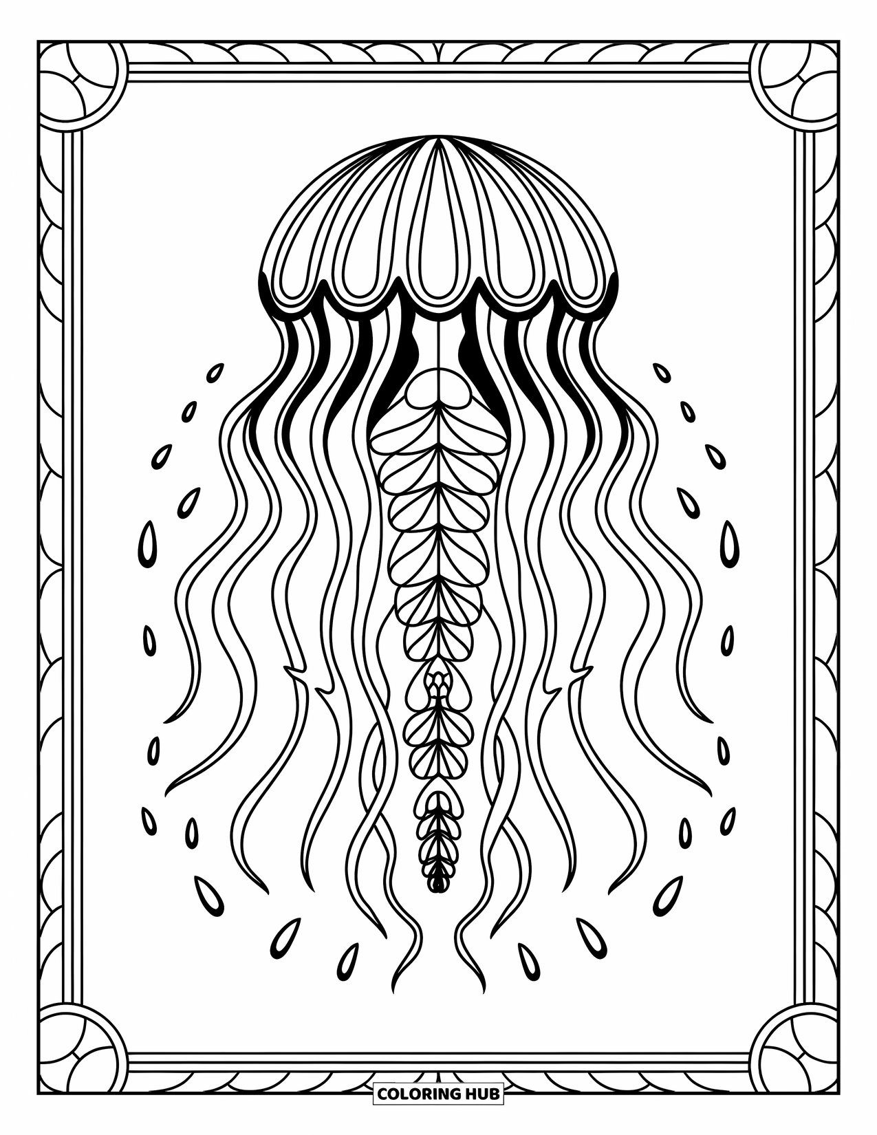 Meerestier-Ausmalbild für Erwachsene: Eine Mandala-Qualle mit symmetrischen Tentakeln ruht in der Mitte mit einem Rahmen
