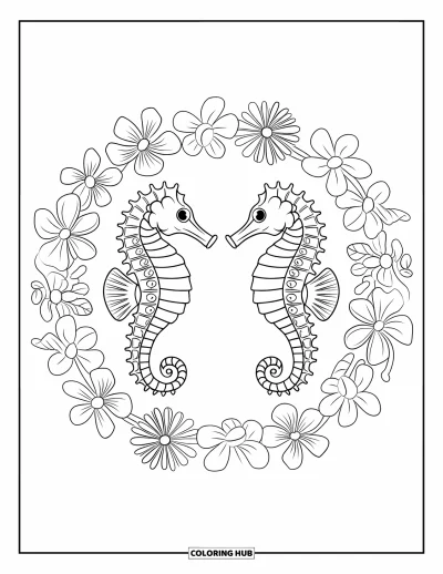 Coloriage d'animaux marins pour adultes : Une paire d'hippocampes ornementés se font face dans un cercle de récif aux grandes fleurs